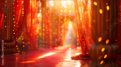 Bright red festive wedding decor with golden curtains and bokeh lights in a sunlit setting