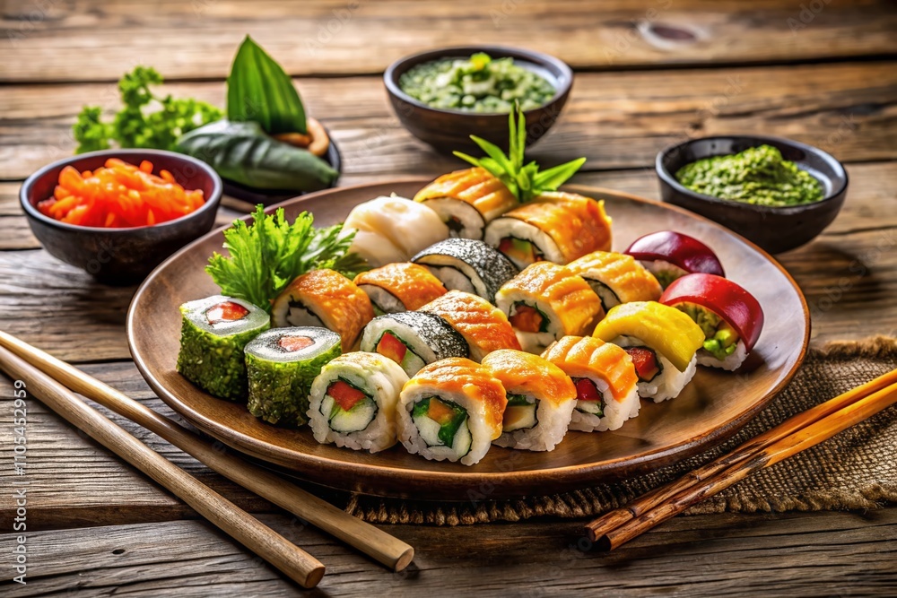 A Delicious Plate of Japanese Sushi Rolls with Assorted Ingredients Served on a Wooden Table, Perfect for a Culinary Experience or Food Blog, with Copy Space for Text Overlay A Delicious Plate of Japanese Sushi Rolls with Assorted Ingredients Served on a Wooden Table, Perfect for a Culinary Experience or Food Blog, with Copy Space for Text Overlay