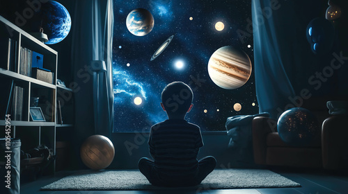 A kid boy surrounded by glowing stars and planets, creating a cosmic scene in his living room or bedroom. The concept of childhood imagination, space exploration dreams, and the wonder of discovery. G