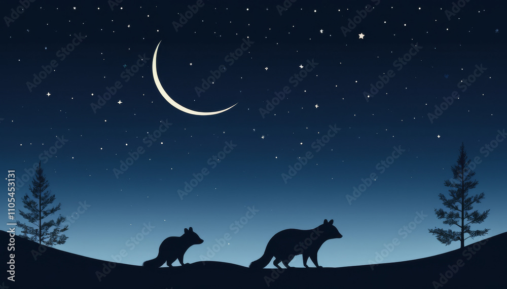 Fototapeta premium Silhouette of foxes walking under a crescent moon in a starry night sky
