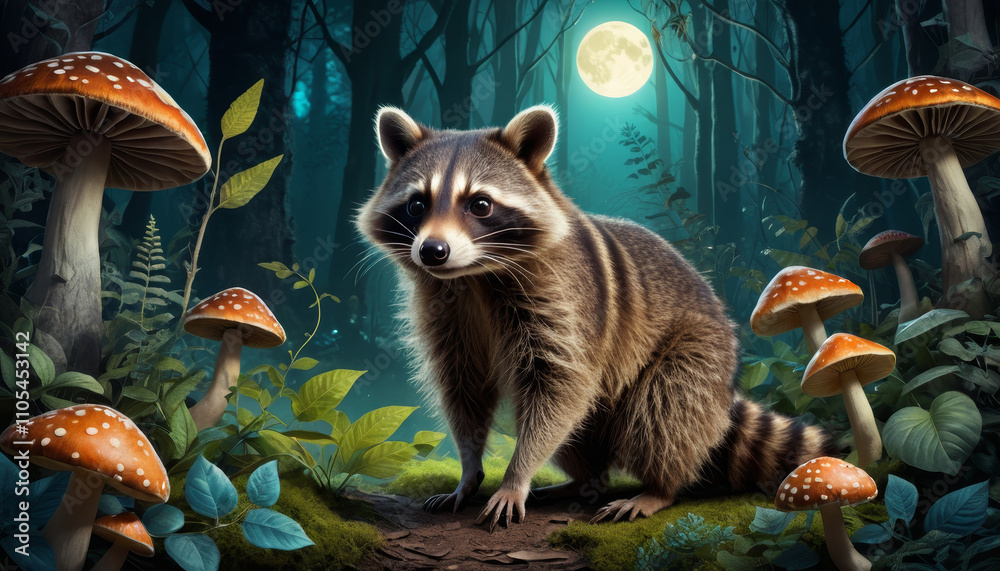 Obraz premium Cute raccoon standing in a magical forest with mushrooms under a full moon
