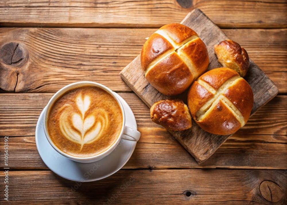 A Delightful Breakfast Setting: Freshly Baked Cross Bun and Creamy Cappuccino on a Rustic Wooden Table Captured with Drone Photography for Culinary Inspiration A Delightful Breakfast Setting: Freshly Baked Cross Bun and Creamy Cappuccino on a Rustic Wooden Table Captured with Drone Photography for Culinary Inspiration