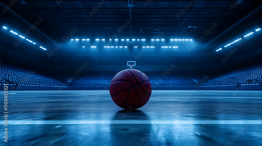 3D Render: Basketball Rests on Court in Blue-Lit Arena 3D Render: Basketball Rests on Court in Blue-Lit Arena