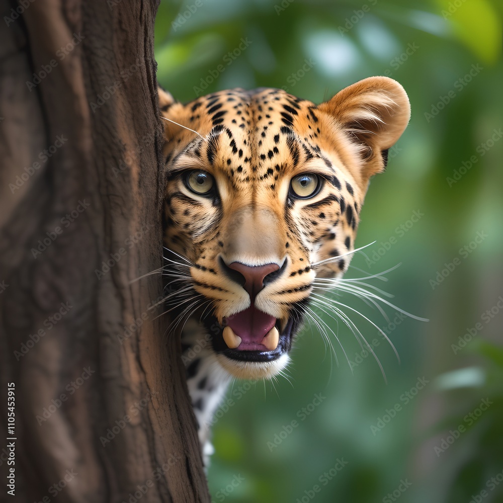 Fototapeta premium Close-up of a leopard - Witness the elegance and stealth of nature as this magnificent leopard peeks out from behind the tree, embodying the beauty of the wild.