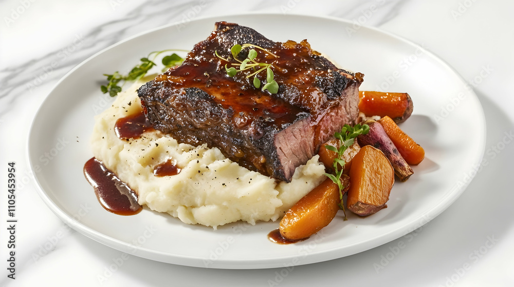Slow-Cooked Short Rib with Red Wine Reduction and Truffle Mash, Luxury Comfort Photography Slow-Cooked Short Rib with Red Wine Reduction and Truffle Mash, Luxury Comfort Photography