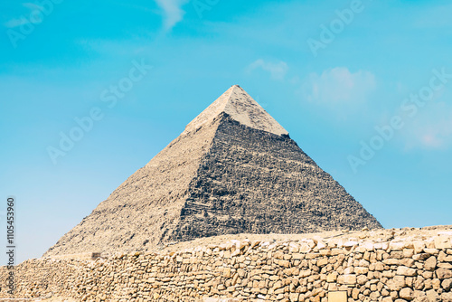 high pyramid of Chephren on the background of a blue sky with clouds, Giza, Cairo, Egypt. second pyramid. Pyramid of Khafra on a cloudy day