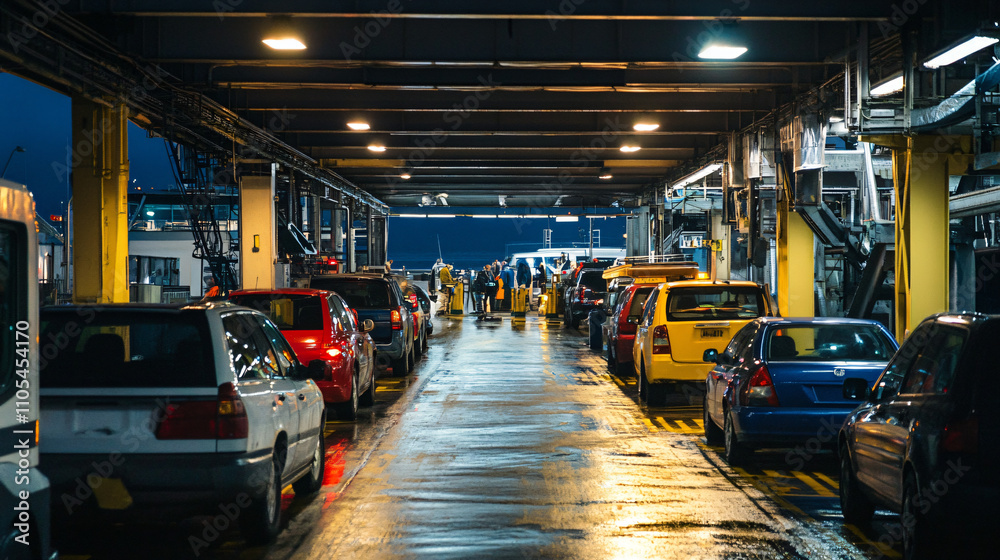 A crowded ferry terminal with cars waiting to board. A crowded ferry terminal with cars waiting to board.
