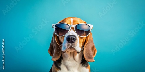 Adorable Beagle Dog Wearing Sunglasses on a Bright Blue Background for Minimalist Photography Lovers Seeking Playful and Fun Imagery with Ample Copy Space photo