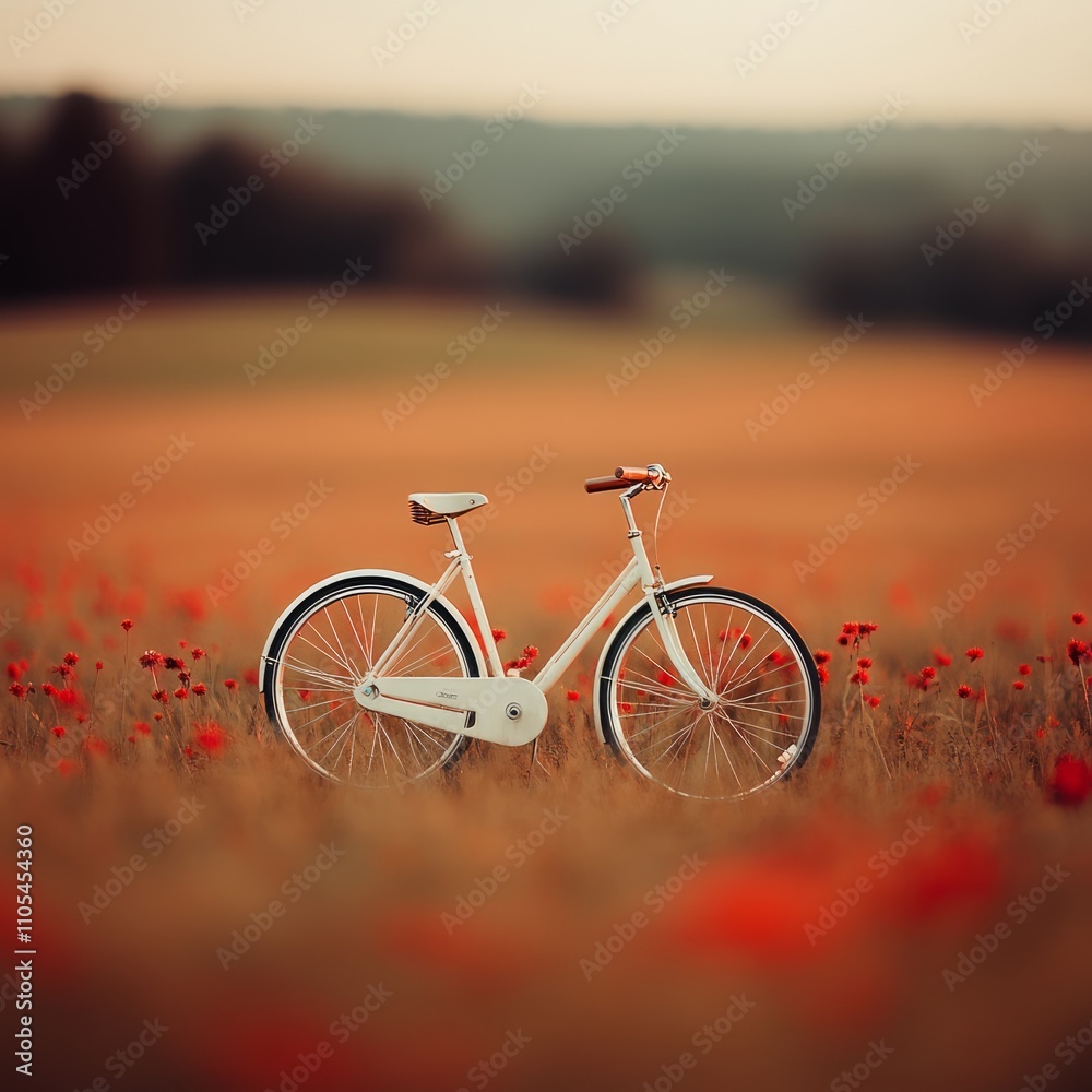 Fototapeta premium White bicycle in a poppy field at sunset.
