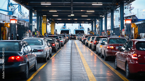 A crowded ferry terminal with cars waiting to board. photo