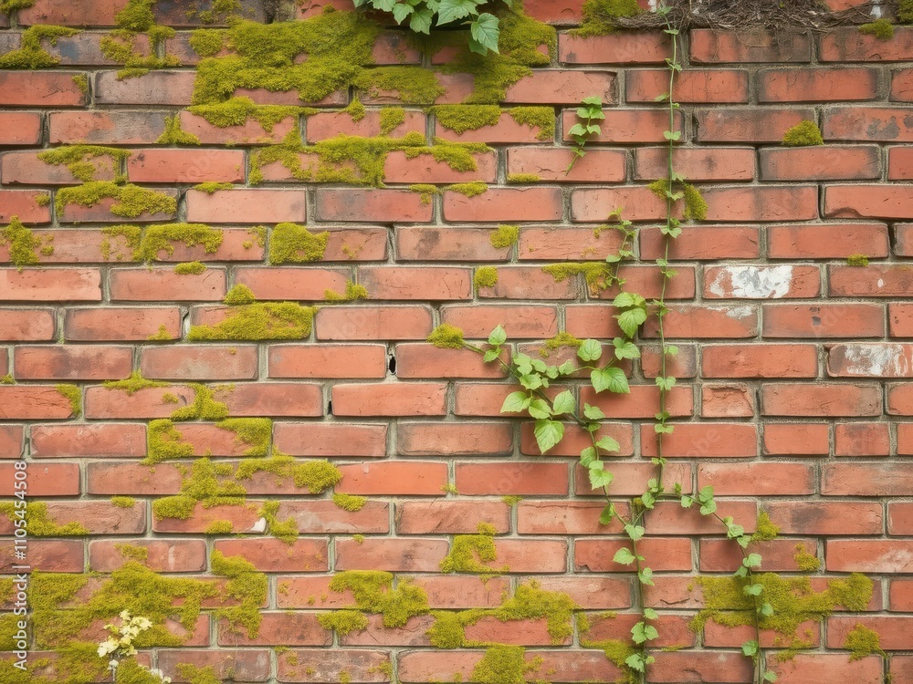 Weathered red brick wall with patches of moss and ivy growing, showcasing the passage of time and nature reclaiming its space, urban, decay Weathered red brick wall with patches of moss and ivy growing, showcasing the passage of time and nature reclaiming its space, urban, decay