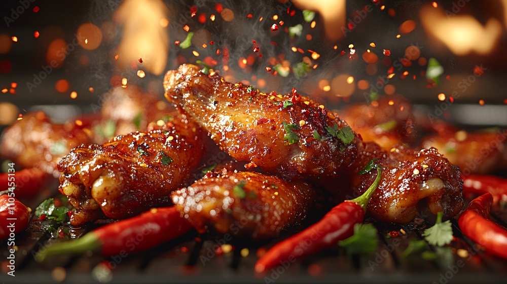 Close-up of Single Fried Chicken Wing on Grill