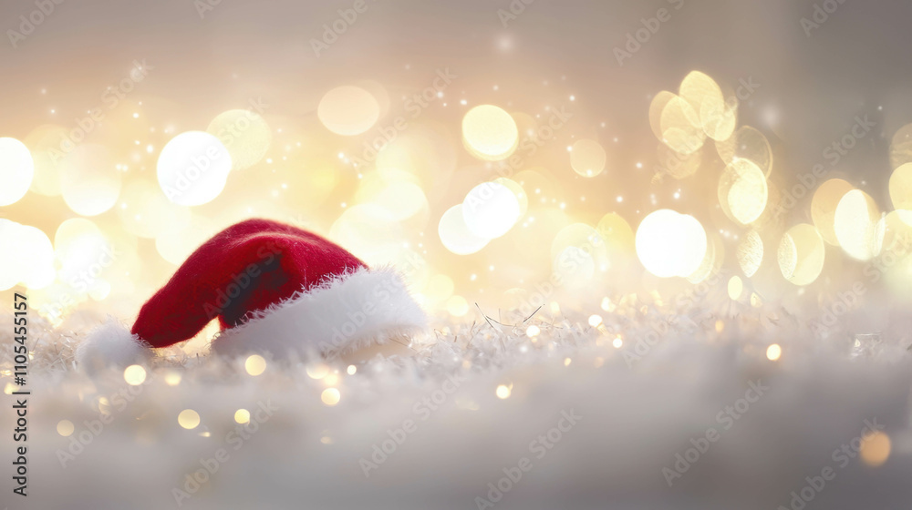 Festive Santa Hat on Sparkling Surface, surrounded by warm holiday lights Festive Santa Hat on Sparkling Surface, surrounded by warm holiday lights