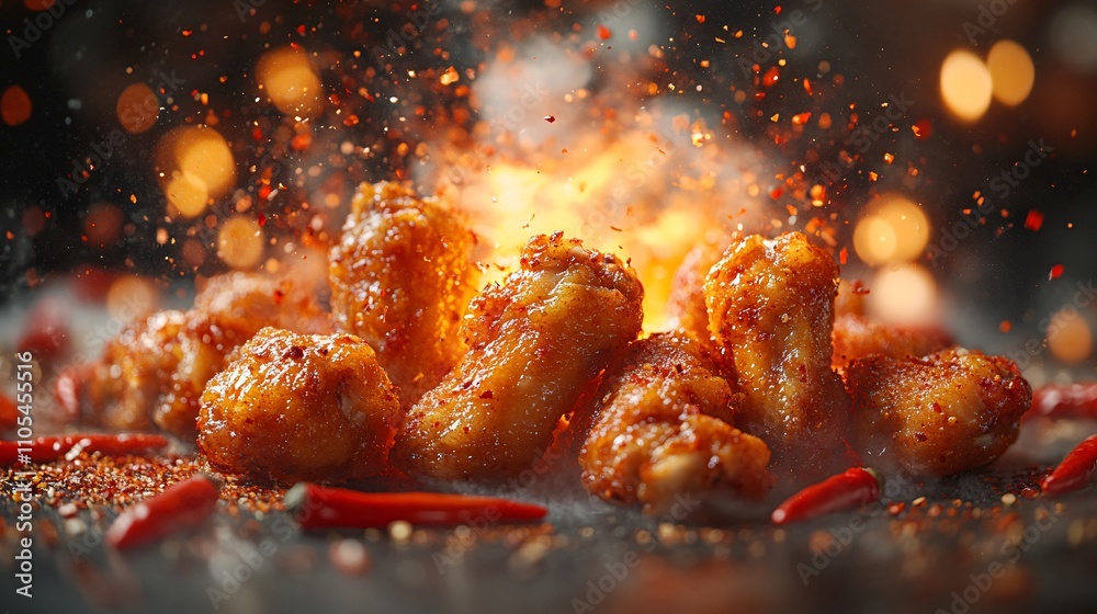 Spicy Golden Chicken Wings with Flying Sauce Effect