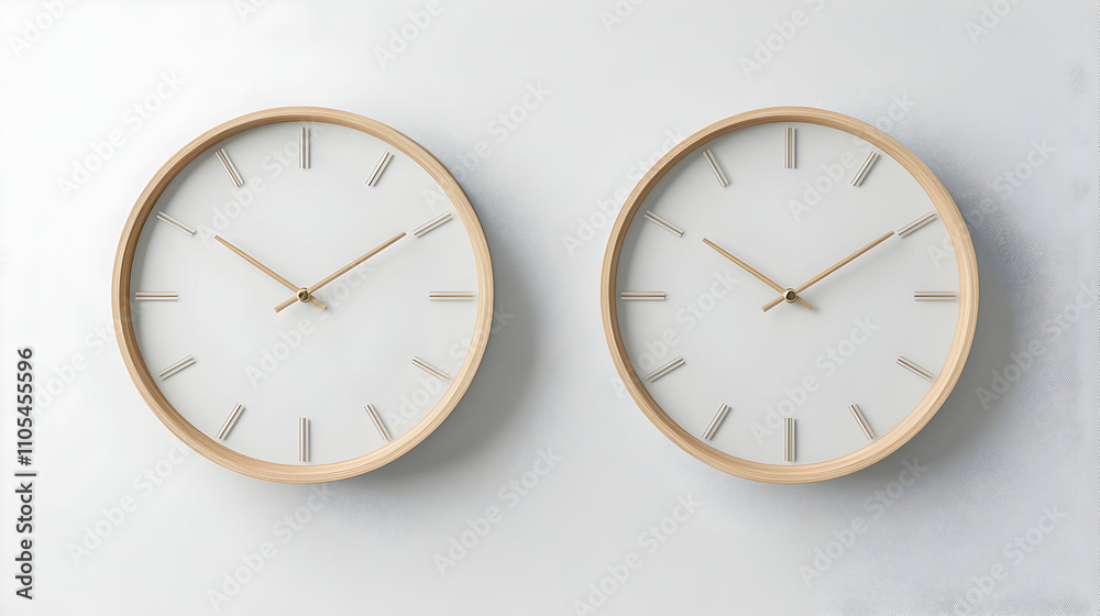 Two Minimalist Wooden Clocks Displayed on a White Wall: A 3D Rendered Home Decor Illustration Two Minimalist Wooden Clocks Displayed on a White Wall: A 3D Rendered Home Decor Illustration