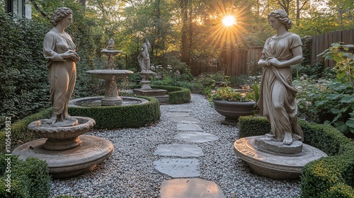 Sunlit garden path with classical statues, fountains, and manicured hedges.