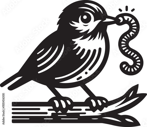 Detailed black and white illustration of a bird eating a worm. A stylized, black and white graphic illustration of a small bird perched on a branch, holding a worm in its beak.