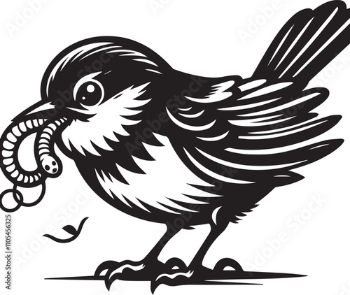 Detailed black and white illustration of a bird eating a worm. A stylized, black and white graphic illustration of a small bird perched on a branch, holding a worm in its beak.