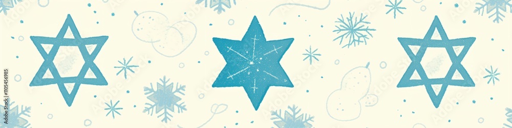 Horizontal border with stars of David and snowflakes on blue background. Watercolor illustration for design for Hanukkah and other Jewish holidays, Christmas and New Year Horizontal border with stars of David and snowflakes on blue background. Watercolor illustration for design for Hanukkah and other Jewish holidays, Christmas and New Year