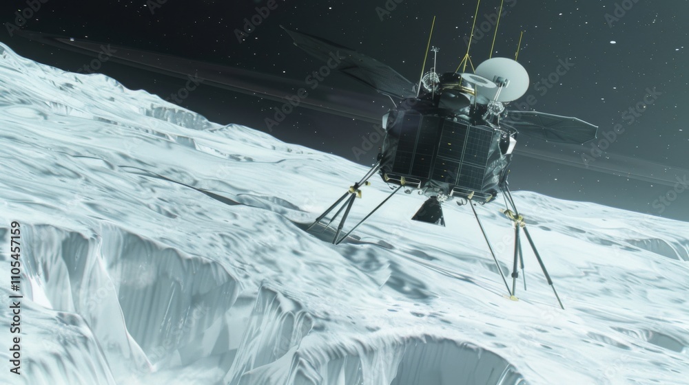 Obraz premium Futuristic Spacecraft Hovering Over Icy Surface of Uranus with Distant Stars and Faint Rings