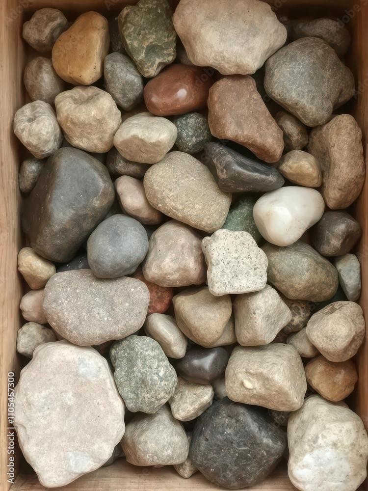 Various shapes and sizes of stones and rocks collected in a wooden box, arrangement, hobby Various shapes and sizes of stones and rocks collected in a wooden box, arrangement, hobby