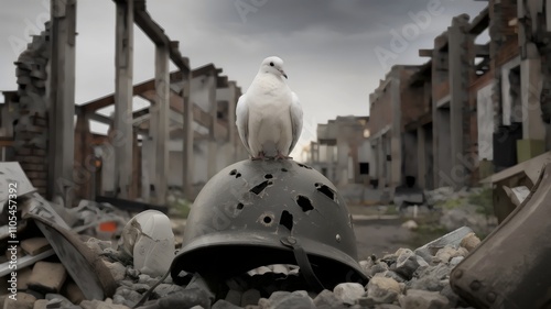 Friedenstaube in weiß sitzt in einem Kriegsgebiet auf einem Soldatenhelm photo