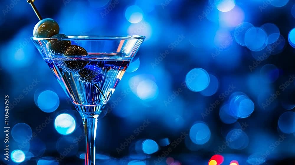 Elegant martini glass with olives against a vibrant blue bokeh background, ideal for celebrations and New Year's Eve