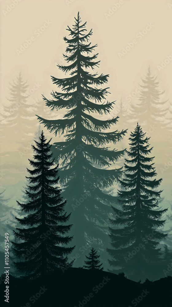 Fototapeta premium Wallpaper silhouette forest illustration tree pine background nature scene landscape outdoor design environment natural banner wild fir wood graphic fog horizon park travel mountain view