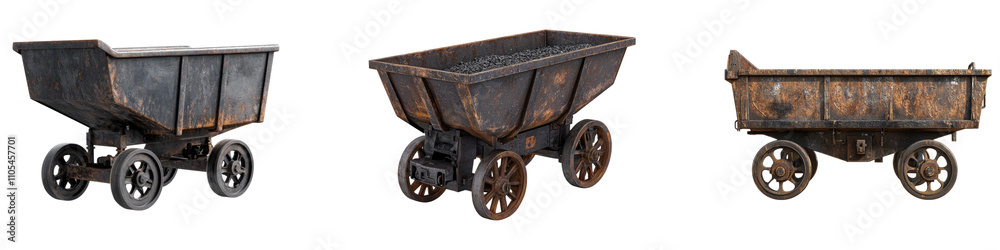 Metal miner trolley isolated on transparent background, Set of Metal miner trolley isolated on transparent background, Set of