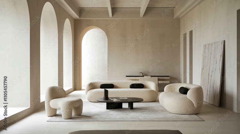 Fototapeta premium Mediteranes Wohnzimmer mit Kalkwänden und Couchlandschaft