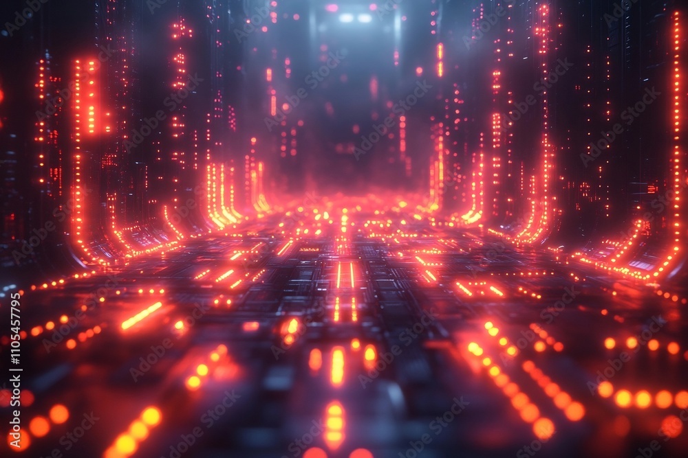 Futuristic Glowing Cityscape with Luminous Neon Lights and Dynamic Digital Matrix Futuristic Glowing Cityscape with Luminous Neon Lights and Dynamic Digital Matrix