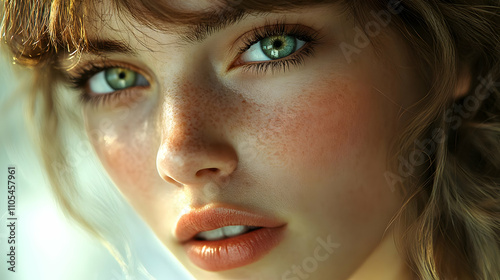 Closeup 3D Render of Woman's Face, Freckles, Green Eyes