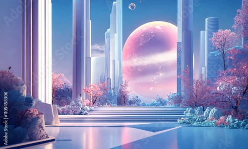 Surreal pink and blue fantasy landscape with columns, trees, and a large planet.