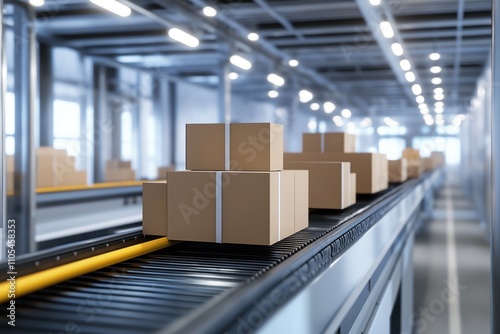 Stacked cardboard boxes move along modern conveyor belt in large warehouse. Automated logistics system transports packages efficiently. High tech, organized package handling. Fast, smooth flow of