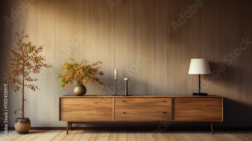 A contemporary living room with a wooden dresser and an empty paneling wall. A minimalist home design with open space and natural charm.
