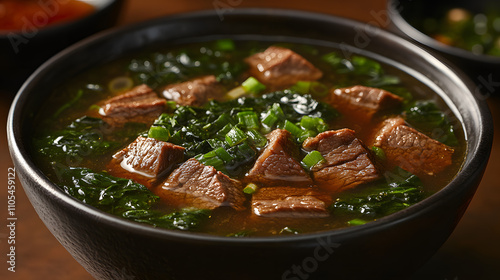 Nourishing Beef and Spinach Soup with Clear Broth in an Elegant Classic Bowl for a Healthy Meal