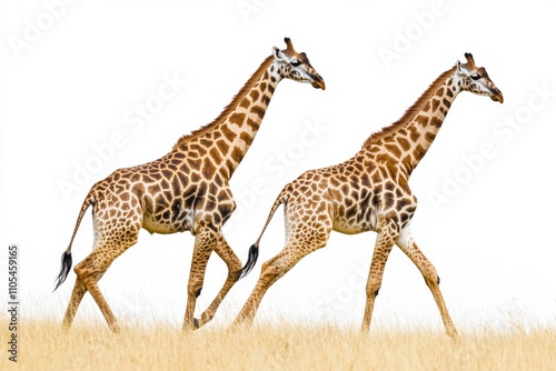 Giraffes Walking. African Mammal with Long Body and Fur, Isolated on White Background