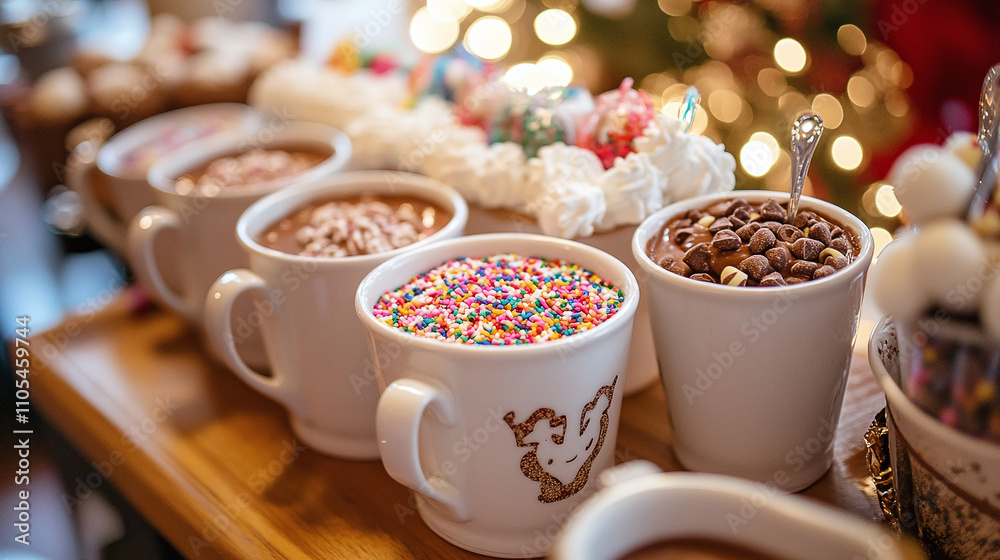 Festive hot chocolate bar with mugs filled with sprinkles, marshmallows, and toppings, set against a blurred background of holiday lights and decorations.