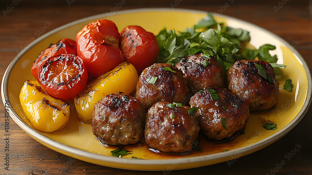 Elegant Minimal Watercolor Depiction of a Delicious Meal Featuring Meatballs, Pepper, and Grilled Tomato on a Vibrant Yellow Plate Elegant Minimal Watercolor Depiction of a Delicious Meal Featuring Meatballs, Pepper, and Grilled Tomato on a Vibrant Yellow Plate