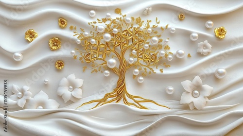 Gold tree life mural wallpaper with white pearl flowers. Decorative luxury 3d design. Elegant design for wall decoration. Sophisticated style with exquisite details. Luxurious 3d wallpaper. White
