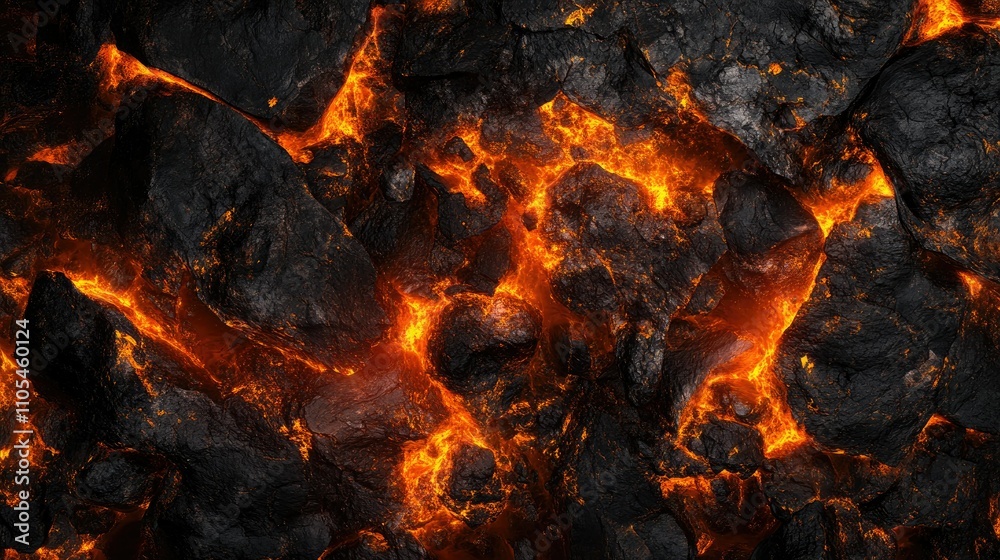 Close-up of molten lava spilling over rocks, creating a vivid orange and red glow.