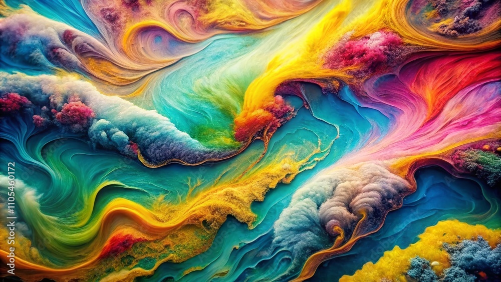 Fototapeta premium Aerial Photography of Abstract Color Swirls Capturing the Dynamic Flow of Vibrant Hues and Patterns Over a Vivid Landscape for Art and Design Inspiration