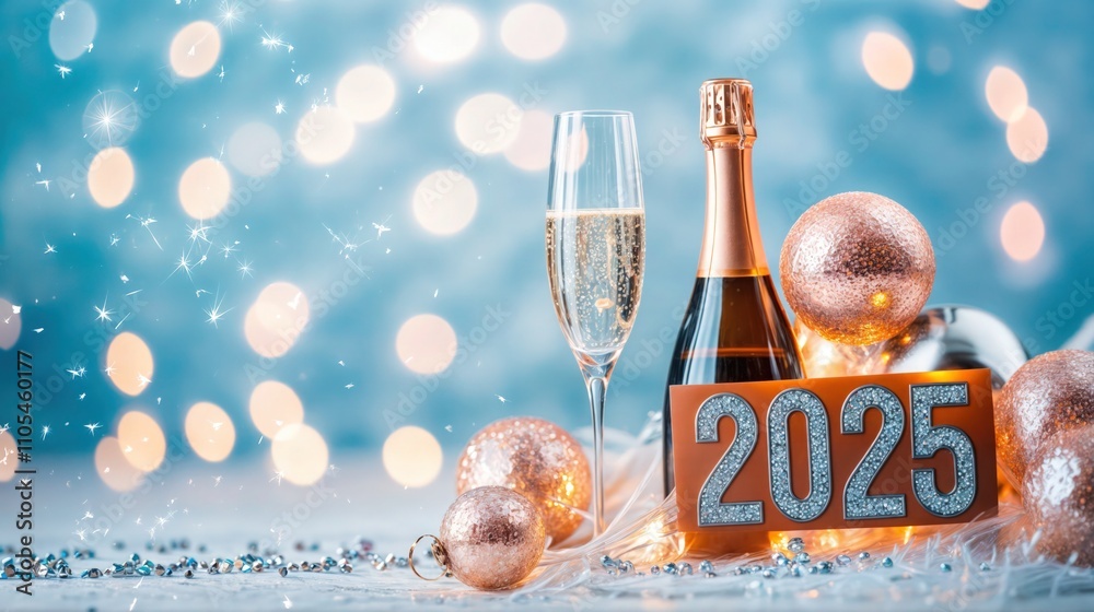 Elegant New Year celebration scene with champagne bottle, glass, glittering ornaments, and 2025 sign on a sparkling blue background.