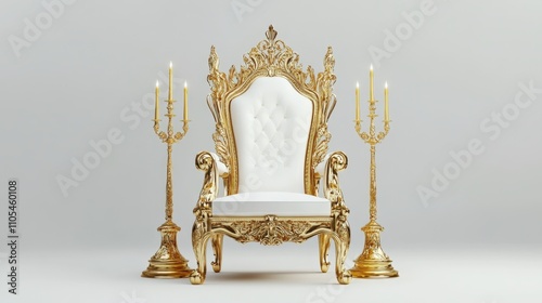 Gold Throne. A Royal Fantasy Land with Empty Throne of Gold and Two Golden Candles. photo