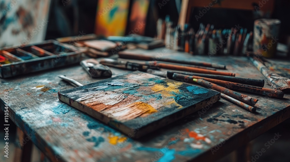 Colorful chalk pastels scattered across a wooden table, surrounded by art sketches. Colorful chalk pastels scattered across a wooden table, surrounded by art sketches.
