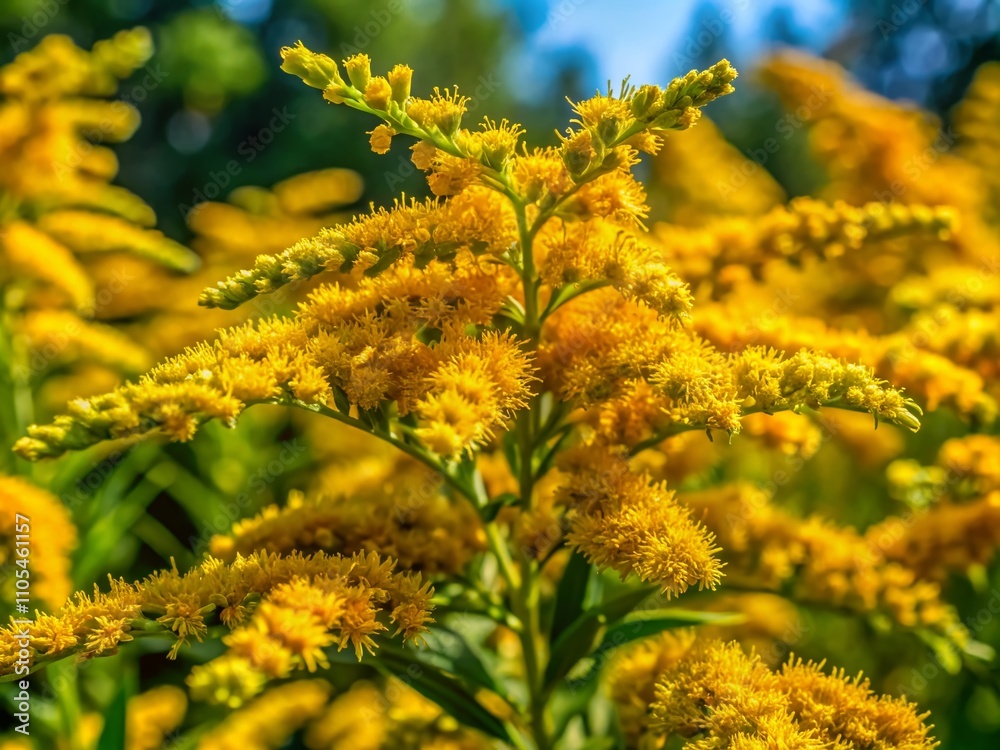 Aerial Photography of Canada Goldenrod Flowers in Vibrant Bloom, Showcasing Solidago Canadensis in Lush Natural Landscapes under Bright Blue Skies Aerial Photography of Canada Goldenrod Flowers in Vibrant Bloom, Showcasing Solidago Canadensis in Lush Natural Landscapes under Bright Blue Skies