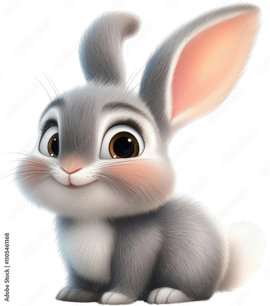 Playful cartoon gray rabbit with big expressive eyes and soft fur against a transparent background for creative designs Playful cartoon gray rabbit with big expressive eyes and soft fur against a transparent background for creative designs