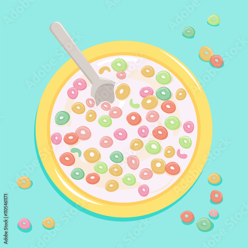 Bowl of breakfast cereal ring cornflakes in different flavors and colors. Cereal breakfast bowl, cornflakes with milk. Top view. Vector illustration