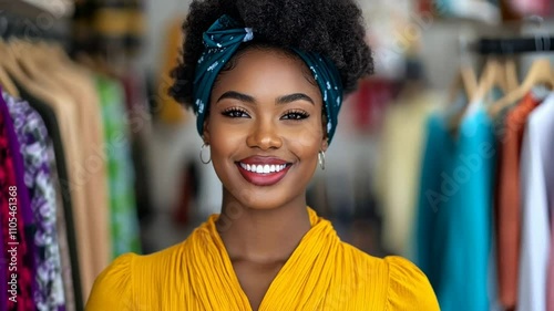 Smiling African American woman in a clothing store, celebrating diversity and fashion empowerment