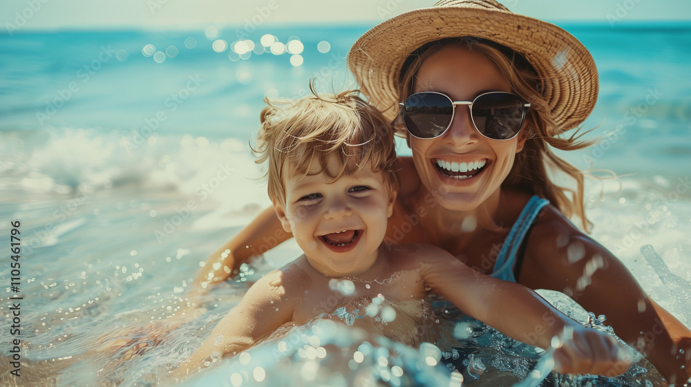 A Caucasian mother and son share laughter on a sunny beach day, with waves, sand, and playful smiles capturing the joy of summer and family bonding. A Caucasian mother and son share laughter on a sunny beach day, with waves, sand, and playful smiles capturing the joy of summer and family bonding.